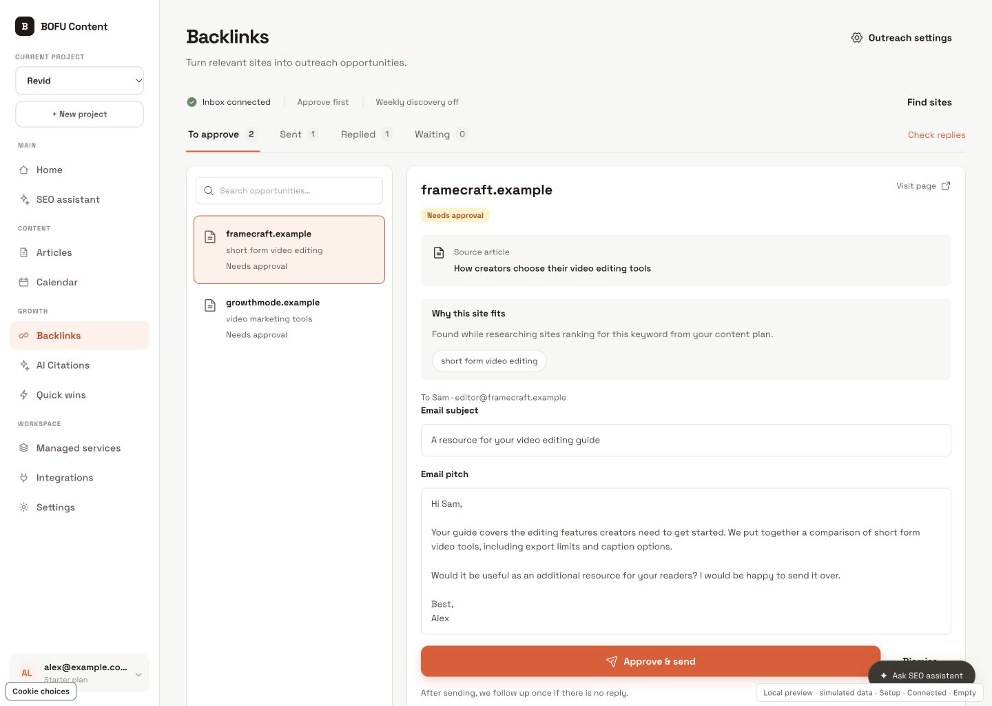 Actual BOFU Content Backlinks interface with example opportunities and a selected pitch