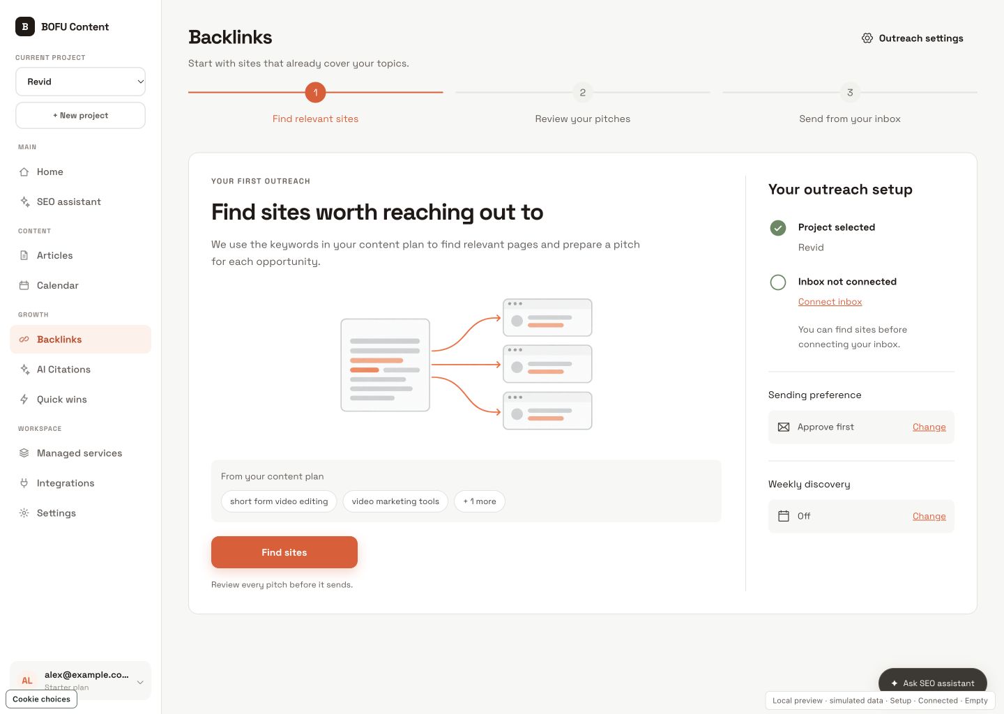 BOFU Content outreach setup with content-plan topics, connected-inbox setup and sending preferences